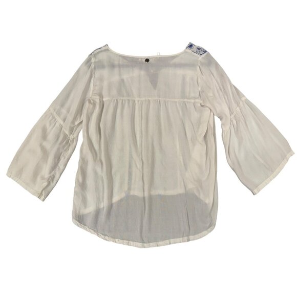 Billabong Shirt Womens Medium White Blue Embroidered Boho Peasant Tassel Tunic - Picture 12 of 12